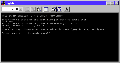 Screen shot from the C++ Pig Latin Translator