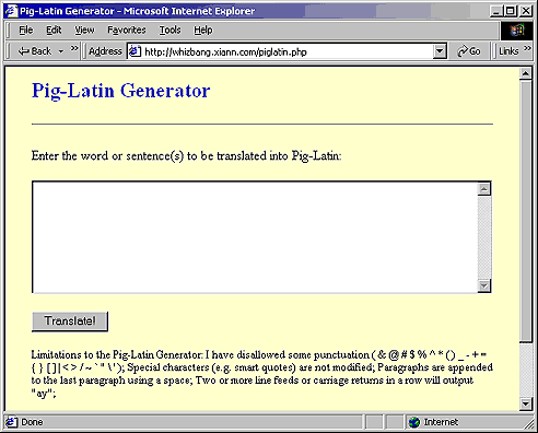 Screen shot from the PHP Pig Latin translator